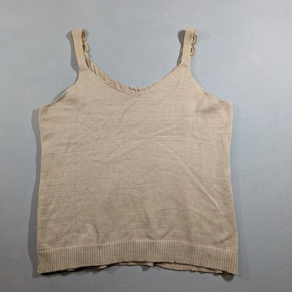 Womens Size Large Tan Sleeveless Knitted Tank Top With Gold Metal Accent - Picture 2 of 6